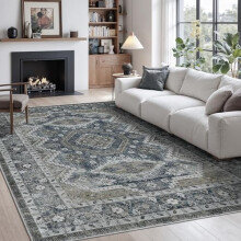 6x9Rug - Tahroja hylkivä pestävä matto, Liukumattomat pohjamatot olohuoneeseen, Vintage-heimon matot (TPR07-tummansininen, 6'x9')