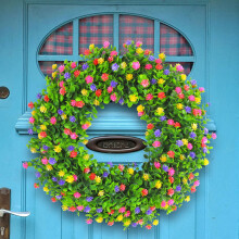 Ghirlande primaverili per la porta d'ingresso, ghirlanda di fiori artificiali con foglie di eucalipto verdi in plastica per decorazioni esterne in