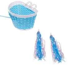 Panier de vélo enfant, accessoire avant pour vélo enfant, petit modèle en osier tressé, bleu, pour les 3-12 ans.