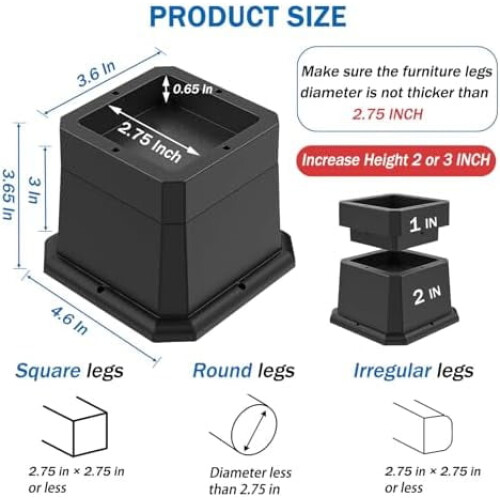 Adjustable Bed and Desk Risers Black Set of 4 1