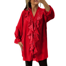 Lulshou Camisa de manga larga para mujer, estilo casual, color liso, cuello en V, tipo jersey con detalle de botones, rojo, talla M