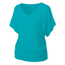 Blusa de manga corta para mujer, color liso, con cuello en V, escote barco y mangas murciélago, con fruncido lateral.