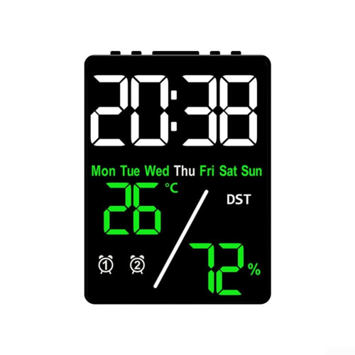 Digital Clock Temperature Humidity Display Large Screen Three Brightness Levels Black Shell Green Electronic Alarm Clock