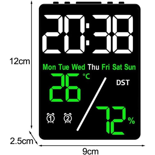 Digital Clock Temperature Humidity Display Large Screen Three Brightness Levels Black Shell Green Electronic Alarm Clock 1