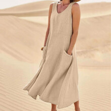 Lässiges, ärmelloses Sommerkleid aus Leinen für Damen, Maxi-Tunika, Tanktop, Strandkleid mit Taschen