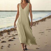 Sommerkleid für Damen, ärmellos, V-Ausschnitt, Leinen-Tankkleid, lockeres langes Strandkleid