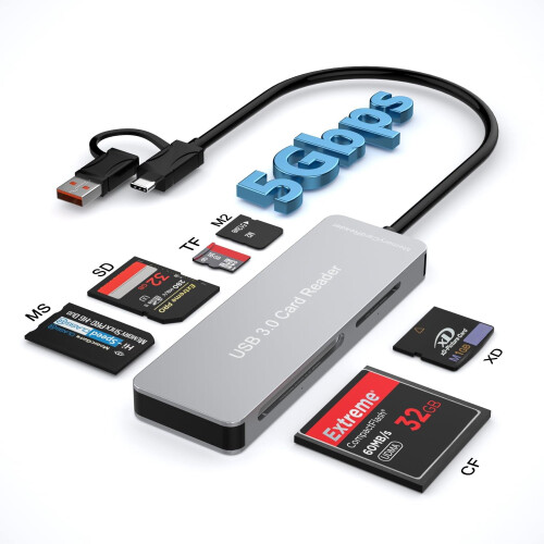 Συσκευή ανάγνωσης καρτών USB3.0 5 σε 1 (5Gbps) για TF/SD/MS/M2/XD/CF, USB-A & USB-C, συμβατή με