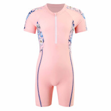 Maiô infantil feminino de manga curta com proteção UV, secagem rápida, zíper, ideal para surfe. Estampa rosa.