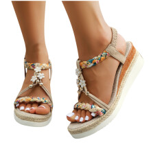 Sandali con zeppa da donna, sandali da donna, sandali con zeppa casual bohémien alla moda, scarpe casual da spiaggia per donna beige9