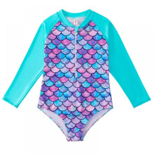 Maiô infantil feminino de manga comprida com proteção solar UPF50+ e zíper frontal, para meninas de 1 a 12 anos. Secagem rápida.