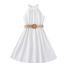 Vestido de verão infantil para meninas, cor sólida, com decote em V e cintura marcada, estilo princesa, roupa de moda.