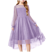 Vestido Mikilon Girl de tule com mangas bufantes compridas para meninas adolescentes de 0 a 12 anos, ideal para festas e ocasiões casuais.