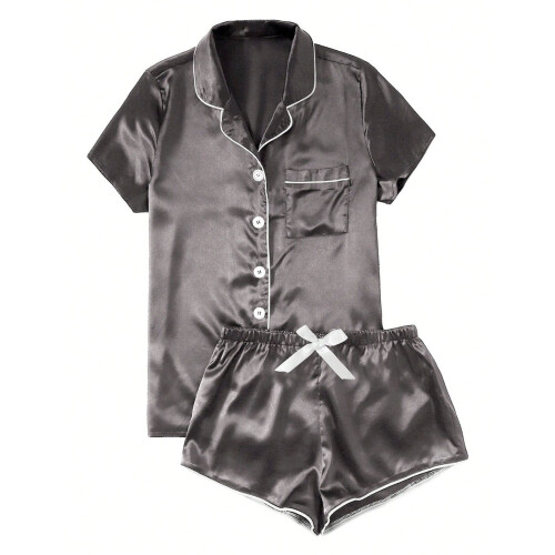Dame Pyjamassæt Satin Casual Home Button Pyjamassæt Sort AM 1