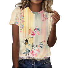 Dame sommer sweatshirt med vintage blomsterprint og rund hals | Plus size venlig S-3XL | Afslappet top i polyester og spandexblanding
