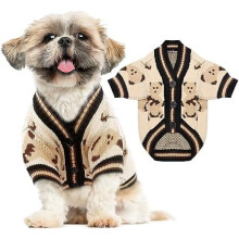 Schattig gebreid vestje met berenprint voor kleine/middelgrote honden en katten – Warme, zachte huisdierentrui (beige, maat L), geschikt voor