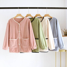 QLEICOM Damen-Thermo-Bettjacken – Dicke, flauschige Fleece-Loungewear-Shirts mit Taschen, warme Pyjamaoberteile mit Knopfleiste (kompatibel mit