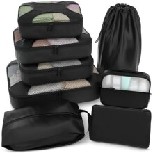 Premium8Packing Cubes -setti - Kevyet verkkomaiset matkatavarajärjestelijät pyykkipussilla, 8-osainen matkalaukun säilytysjärjestelmä (musta)