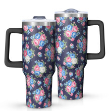 Vaso térmico Pioneer Flower de 1,2 litros con estampado floral, asa, tapa y pajitas a prueba de fugas sin BPA, doble pared al vacío, mantiene las