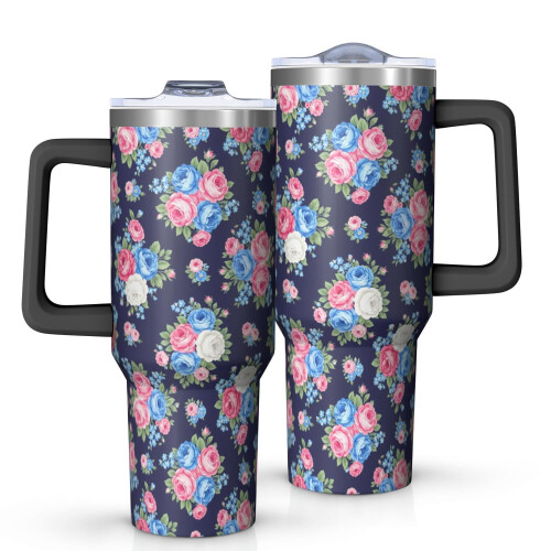 Ποτήρι Pioneer με 40oz, μονωμένο με λαβή και σχέδιο λουλουδιών, καπάκι και καλαμάκια