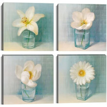 4-teiliges Leinwandbild-Set mit weißen Blumen, blauer Blumendekor für Wohnzimmer/Büro, moderne Lilien- und Gänseblümchen-Giclée-Drucke,
