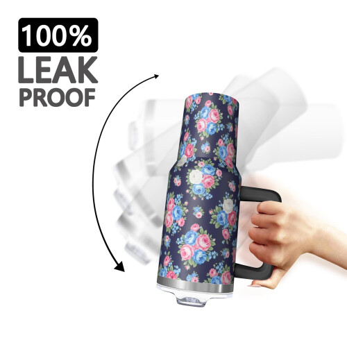 Ποτήρι Pioneer με 40oz, μονωμένο με λαβή και σχέδιο λουλουδιών, καπάκι και καλαμάκια 2