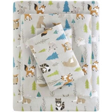 Set de cearșafuri din flanel și bumbac, imprimeu cu stele și animale, 3 piese