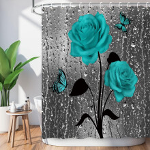 Cortina de ducha color verde azulado/turquesa/gris con diseño floral azul oscuro, 72x84 pulgadas, decoración de baño estilo rústico