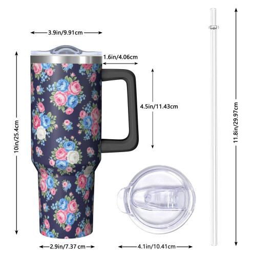 Ποτήρι Pioneer με 40oz, μονωμένο με λαβή και σχέδιο λουλουδιών, καπάκι και καλαμάκια 1