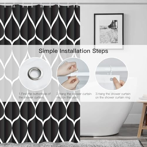Cortina de chuveiro preta de poliéster impermeável, 72x72 polegadas (183x183 cm), secagem rápida e resistente, lavável à máquina, com 12 2