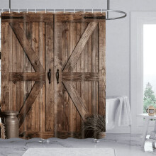 Rustikt duschdraperi med ladugårdsdörr, 180x180 cm, vattentätt badrumsdraperi i lantlig vintagestil med krokar, kompatibel med standardstänger