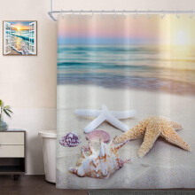 Cortina de ducha playera – Tema oceánico tropical, diseño de estrellas de mar y conchas marinas, impermeable, lavable a máquina, incluye 12