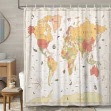 Cortina de chuveiro com mapa-múndi, design educativo de geografia, 91 x 178 cm, amarela, compatível com varões de chuveiro padrão.