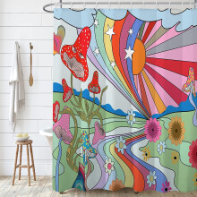 Cortina de ducha estilo años 70 con estampado floral hippie de setas, estética arcoíris y moderna, impermeable, 72 x 72 pulgadas, 12 ganchos –