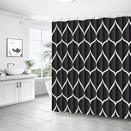 Cortina de chuveiro preta de poliéster impermeável, 72x72 polegadas (183x183 cm), secagem rápida e resistente, lavável à máquina, com 12 1