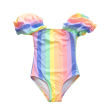Kids Swimsuits Toddler Girls Rainbow One Piece Swimsuit 2025 Fashion Cute Stripe Print Puff Sleeve Bikini Multicolor