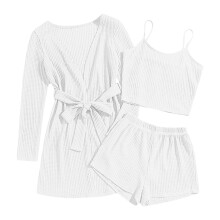 3-delt vaffelcardigan med shorts og lommer til kvinder, strik-loungesæt, blødt pyjamassæt, tanktop
