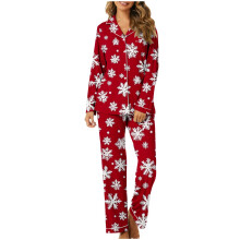 Feestelijke damespyjama met kerstsneeuwvlokkenprint, 2-delige set met lange mouwen en knoopsluiting, zachte, elegante nachtkleding, loungewear voor