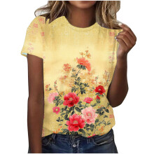 Damtröja med rund hals och vintage-tryck i blommigt mönster | Plusstorlekar S-3XL | Topp i polyester- och spandexblandning för avslappnad
