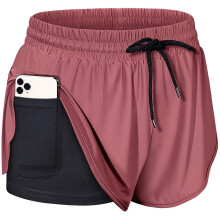 Pantaloni scurți de alergare sport cu talie elastică pentru femei, cu buzunar interior