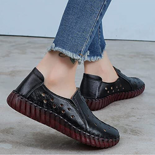 Γυναικεία Δερμάτινα Casual Loafers με κοψίματα, φλατ slip-on παπούτσια, χειροποίητη ραφή, 2
