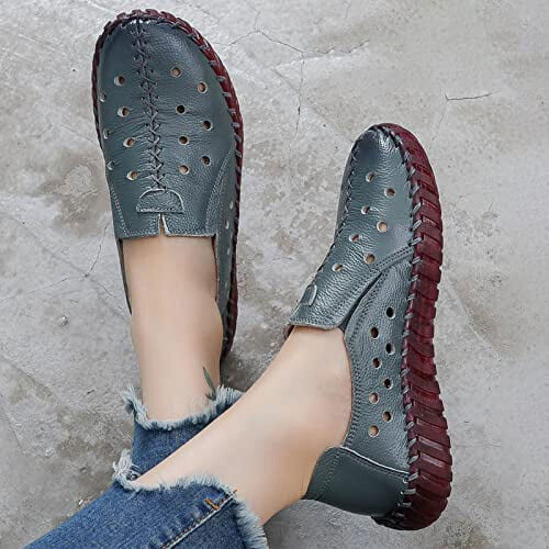 Γυναικεία Δερμάτινα Casual Loafers με κοψίματα, φλατ slip-on παπούτσια, χειροποίητη ραφή, 2
