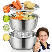 Bassine 5 en 1 en acier inoxydable d'Allemagne : passoire, panier d'égouttage, rince-riz, râpe et saladier avec récipient.