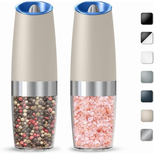 Gravity Electric Salt & Pepper Grinder Set, Battery Powered (6 AAA Each), Adjustable Coarseness, LED Light, 2-Pack, Black
