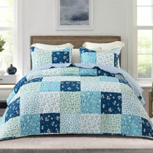 Couvre-lit patchwork réversible à motif floral bohème, taille king, léger et doux, avec 2 taies d'oreiller, bleu toutes saisons.