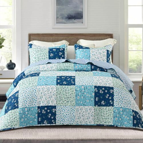 Πάπλωμα Patchwork King Size, Διπλής Όψης Κάλυμμα με Μπόχο Λουλούδια, Ελαφρύ & Μαλακό, 2
