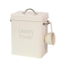 Laundry Powder Storage Tin with Lid and Scoop, Metal Detergent Container for Powder or Tablets, White