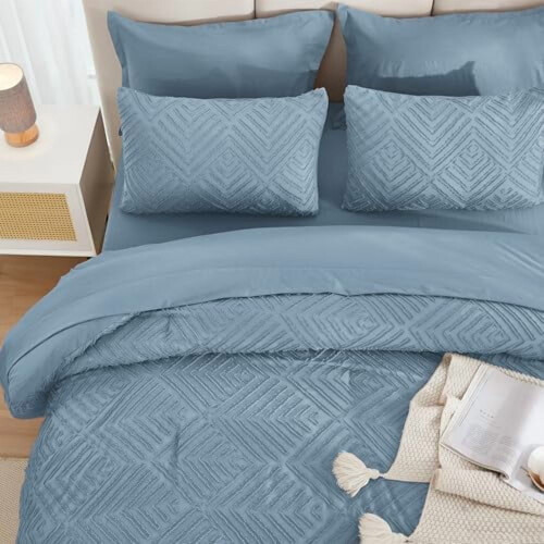 Grayish Blue 7-Pc Full Comforter Set – Boho Tufted Fluffy Bedding with Sheets, Pillowcases & Shams 2