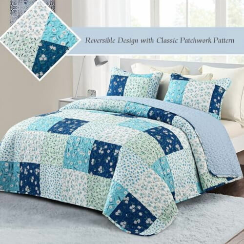 Πάπλωμα Patchwork King Size, Διπλής Όψης Κάλυμμα με Μπόχο Λουλούδια, Ελαφρύ & Μαλακό, 2 1