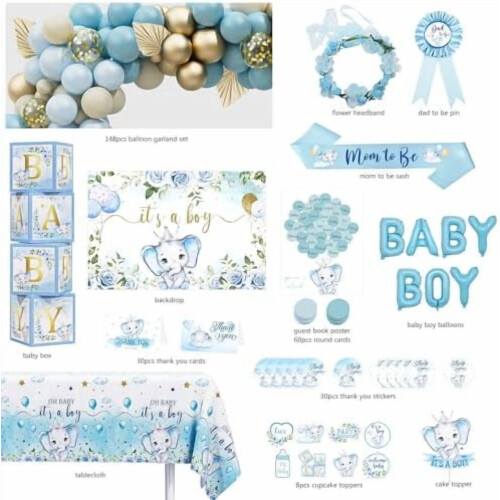 Διακοσμήσεις για Baby Shower με Μπλε Ελέφαντα για Αγόρι – Φόντο, Τραπεζομάντιλο, Αψίδα 1