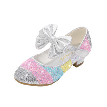 Zapatos de princesa con lentejuelas y lazo para niñas, punta redonda, zapatos de vestir con cristales y suela suave, tacones de fiesta y baile para
